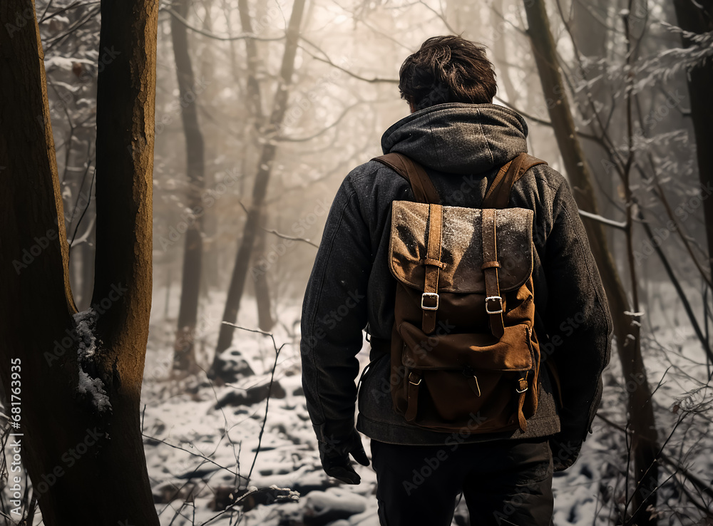 Traveler in the middle of snowy forest trying to camping wearing back bag and full winter jacket and hat Traveler in the middle of snowy forest trying to camping wearing back bag and full winter jacket and hat