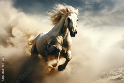 Swift Horse wild running through clouds. Beautiful mammal. Generate Ai