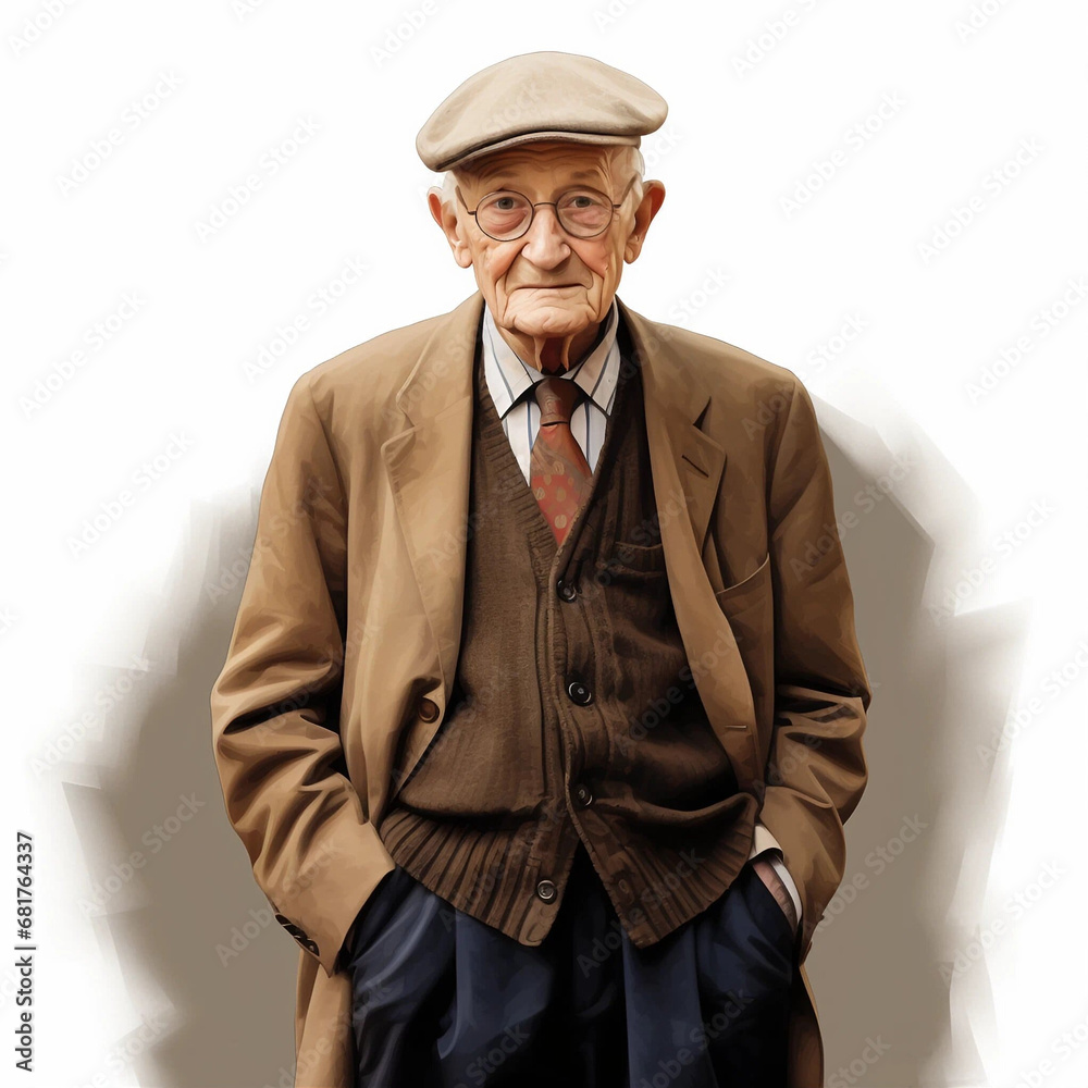A Lifelike Painting of an Elderly Man Standing Against a White Background A Lifelike Painting of an Elderly Man Standing Against a White Background
