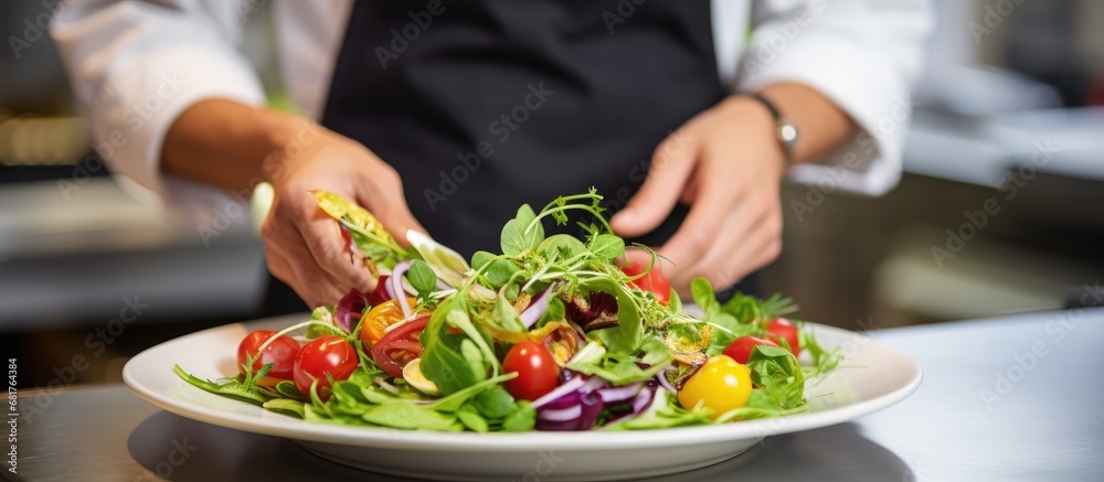 In the bustling restaurant kitchen, amidst vibrant green backgrounds, an expert chef crafts a flavorful and healthy salad from fresh organic vegetables and a drizzle of olive oil, arranging them