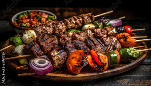 Grilled meat skewers with vegetables, a gourmet summer appetizer plate generated by AI