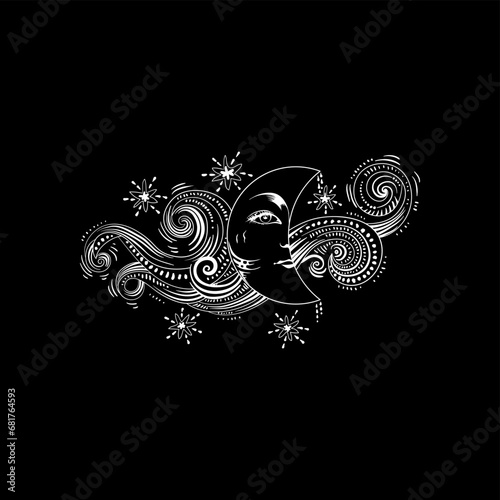 Silhouette of the mystical Moon, contours. Monochrome vector drawing. Design for a scarf, tablecloth for fortune telling, for Tarot, predictions. Black and white illustration