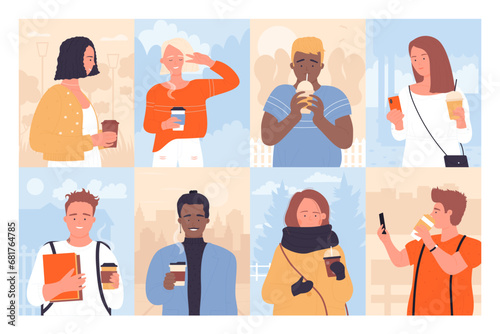 People drink takeaway coffee set vector illustration. Cartoon characters walk along city street in winter or summer, portraits of happy young man and woman drinking ice or hot beverage outdoor