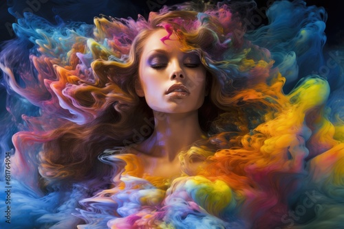 Beautiful girl with wavy hair in colorful smoke © foto.katarinka