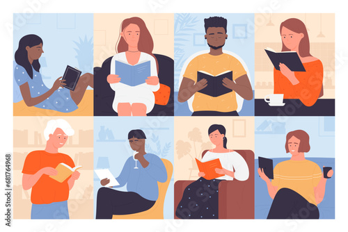 People read books set vector illustration. Cartoon male and female student characters reading literature of education or novel from library or bookshop, young man and woman sitting in chair or sofa