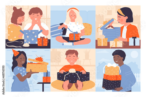 Kids open gift boxes set vector illustration. Cartoon happy cute boy and girl unwrap surprise birthday, anniversary or Christmas present at home, excited cheerful children receive toys as gifts