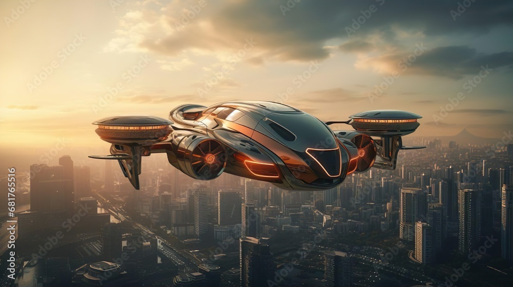 Passenger transportation of the future. Air vehicle, flying car drone air taxi. Electric eco self-driving passenger drone aircraft flying in the sky above the city. Sci fi ship futuristic future Passenger transportation of the future. Air vehicle, flying car drone air taxi. Electric eco self-driving passenger drone aircraft flying in the sky above the city. Sci fi ship futuristic future
