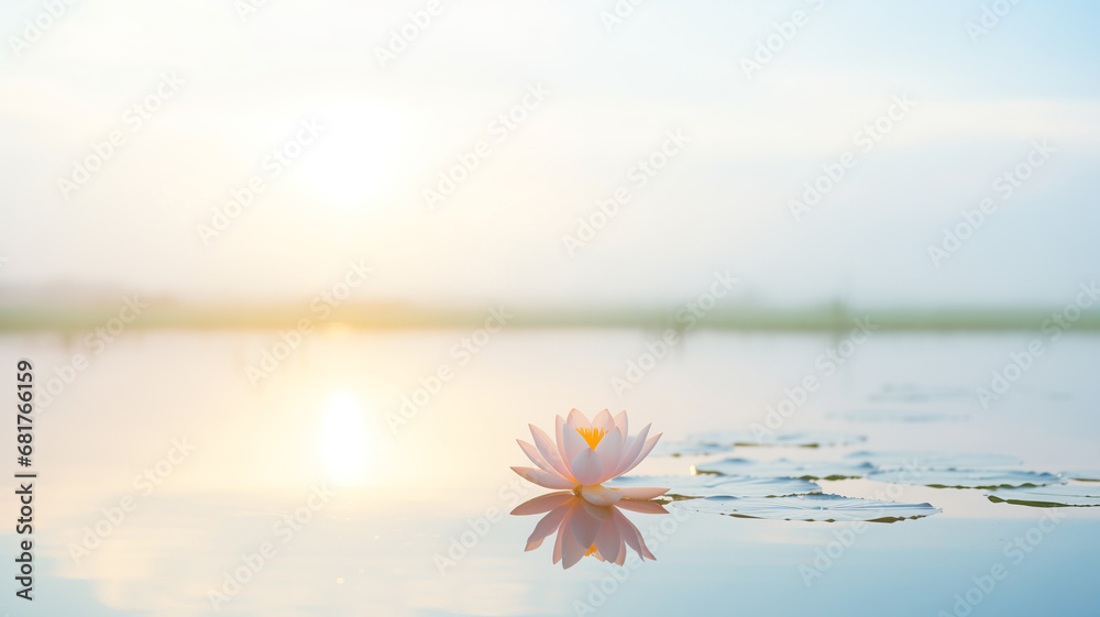 Landscape morning sunrise on lake with beautiful pink lotus flowers, concept Vesak day - obrazy, fototapety, plakaty 