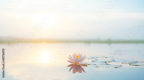 Landscape morning sunrise on lake with beautiful pink lotus flowers, concept Vesak day photo