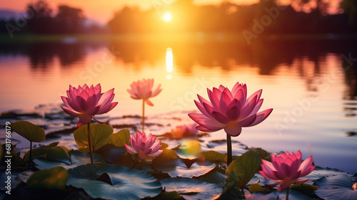 Landscape sunset on lake with beautiful pink lotus flowers  concept Vesak day
