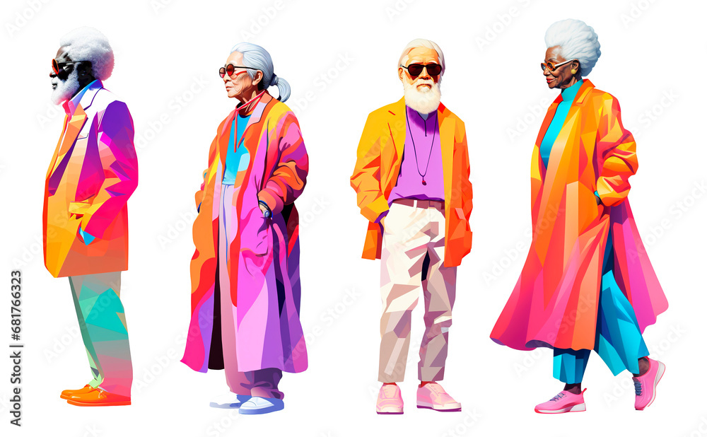 Colorful pop art collage set of mature African American and Asian people wearing stylish elegant clothes. Isolated on white transparent background