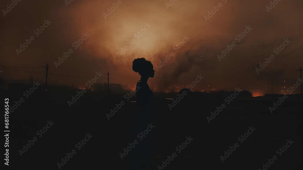 a silhouette of a woman in front of a smoke cloud