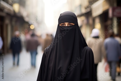 Middle eastern muslim woman wearing a niqab walking in a middle eastern city street photo