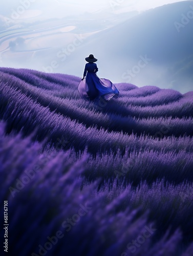 a woman in a dress walking in a field of lavender © Anastasia