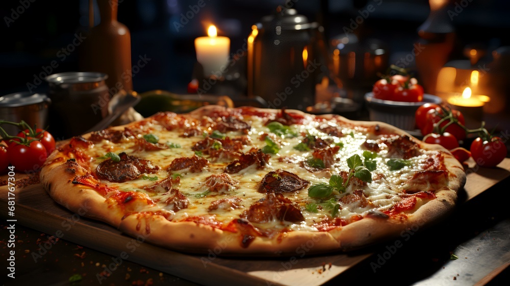 Pizza with beef and mozzarella on wooden table in restaurant