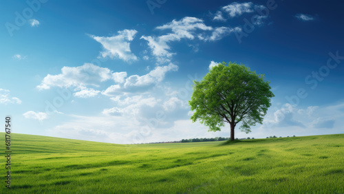 Photo of a single lone and large tree in the middle of an empty field against a background of blue sky and green grass.