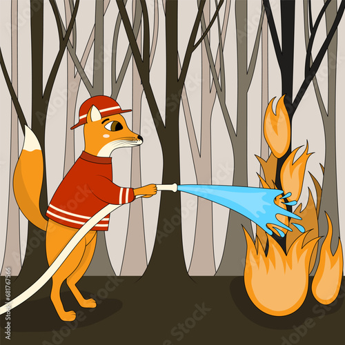 Cute fox firefighter. Cartoon animal character putting out a fire in the forest. Profession, occupation, job, flat vector illustration.