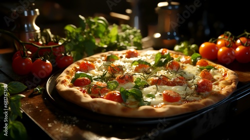 Pizza with mozzarella, cherry tomatoes and basil on dark background