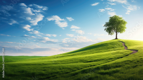 Photo of a single lone and large tree in the middle of an empty field against a background of blue sky and green grass.