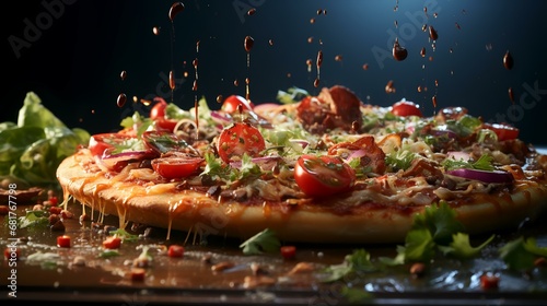 Pizza with bacon, cheese, tomatoes and lettuce on black background