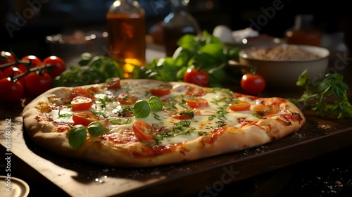Pizza with mozzarella, tomatoes and basil on a wooden board