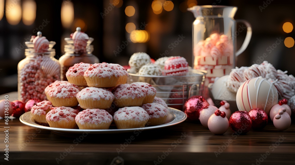 Christmas cupcakes on a wooden table with Christmas decorations in the background