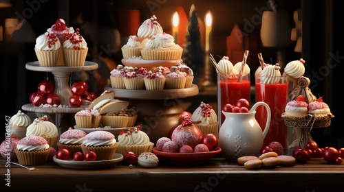 Festive table with cupcakes, candies, cookies and candles