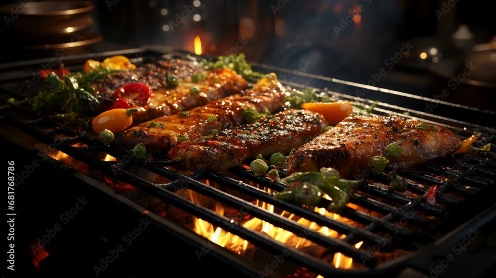 Grilling salmon steak on barbecue grill with flames on background, closeup