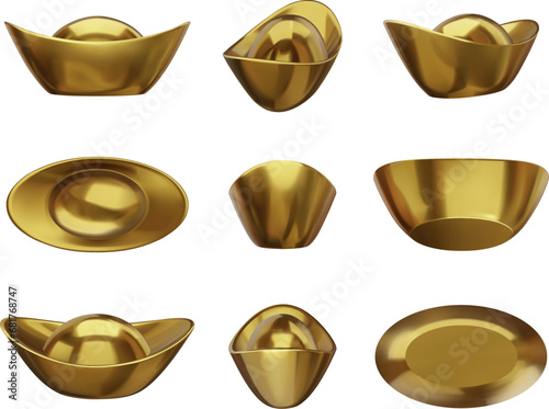 set of isolated chinese ingots. gold 3d ingots. chinese new year realistic ingots