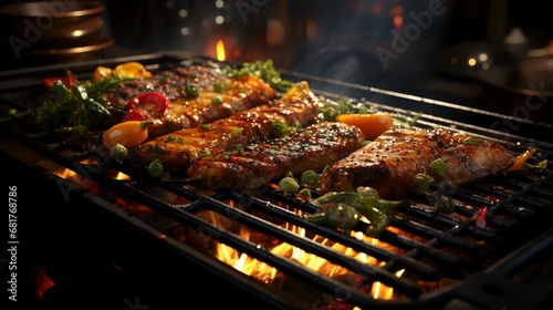 Grilling salmon steak on barbecue grill with flames on background, closeup