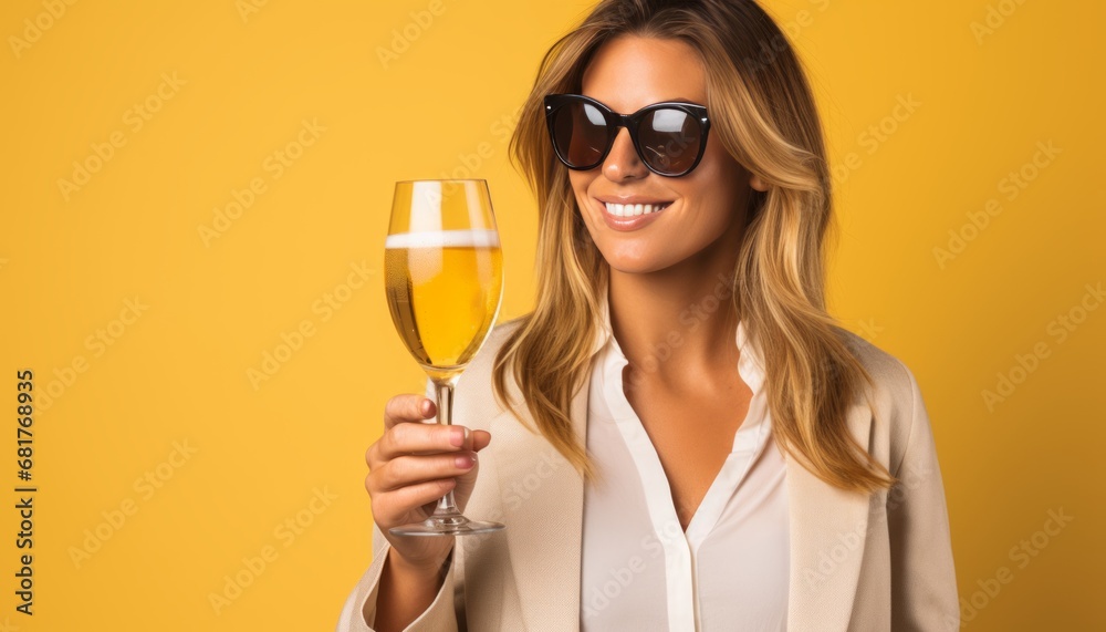 Beautiful Brunette with Phone. Isolated Portrait on Yellow Background for Copy Space Beautiful Brunette with Phone. Isolated Portrait on Yellow Background for Copy Space