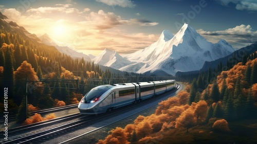 Long distance fast modern express passenger train on high speed railway. Mountain landscape. Public transport. Planning vacation, tourism, journey, railroad, travel.