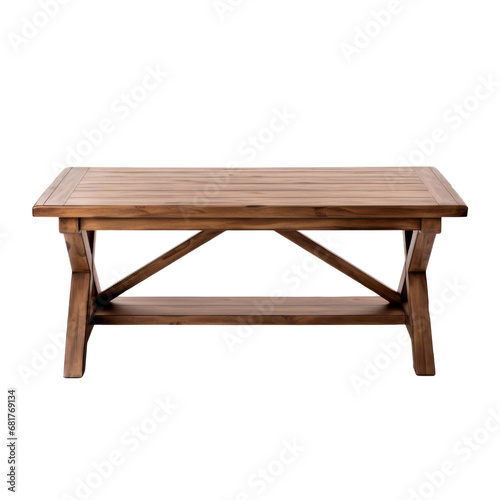 A traditional style wooden table with thick legs and a sturdy build, isolated on transparent background.