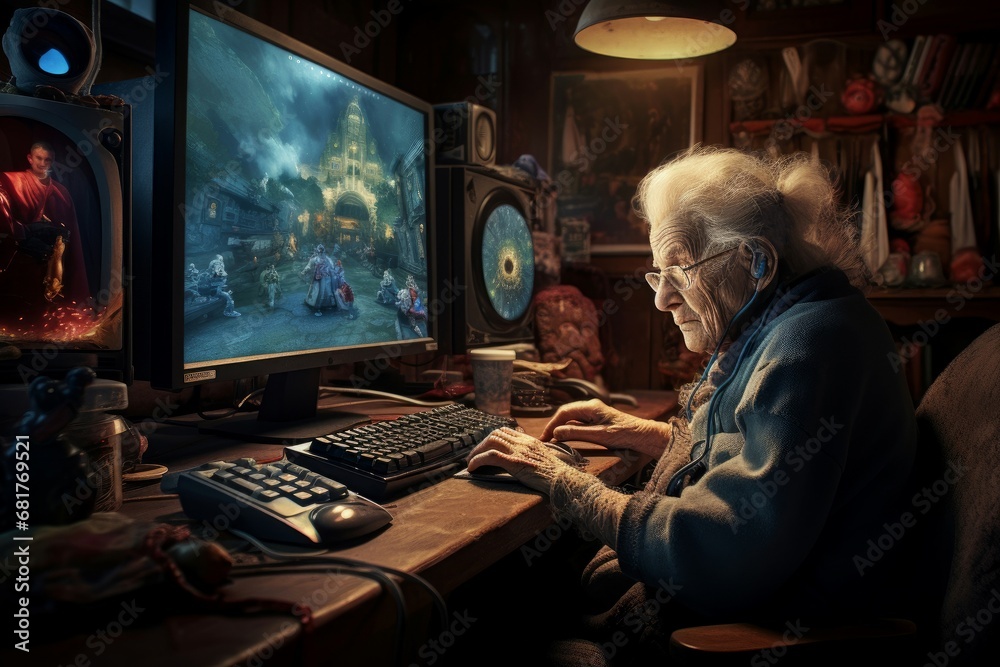 Grandma plays computer game. Happy character. Fictional person. Generate Ai - obrazy, fototapety, plakaty 