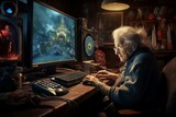 Grandma plays computer game. Happy character. Fictional person. Generate Ai