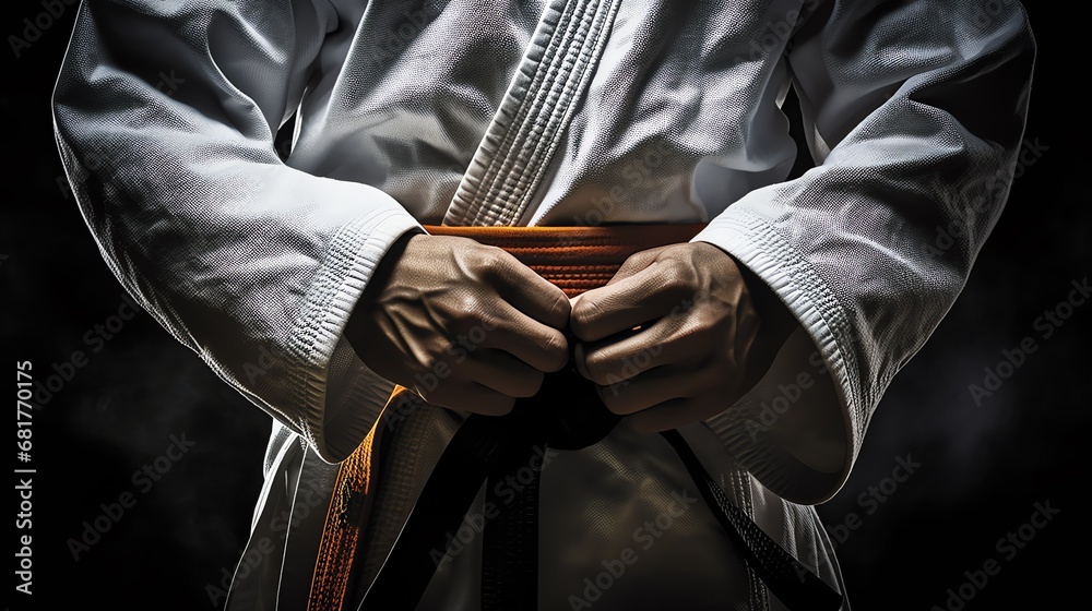 a person in a white kimono tying a belt - obrazy, fototapety, plakaty 