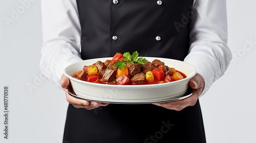 Waiter stands isolated on white background and serving a delicious goulash soup with vegetables on a tray