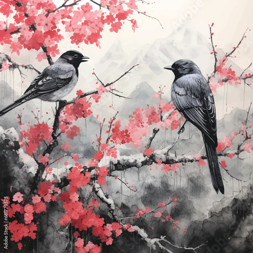 Traditional Japanese Sumi-e Floral Painting