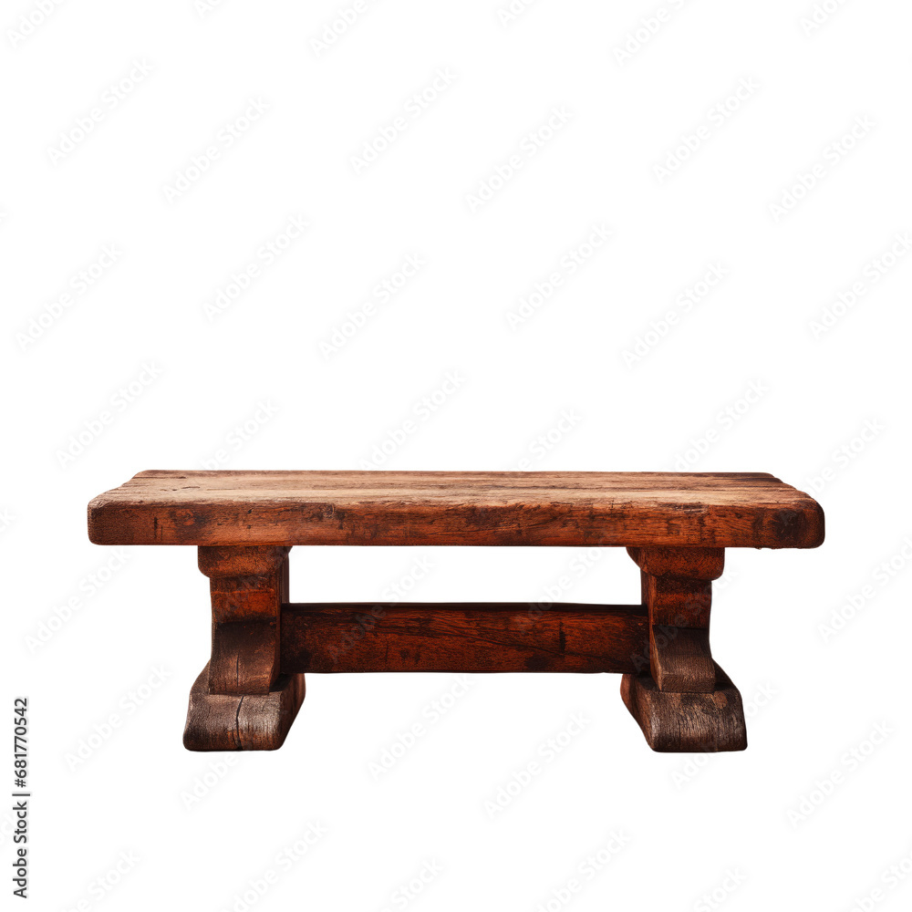 A rustic, heavy-set sturdy wooden coffee table with thick legs and a sturdy build, isolated on transparent background.