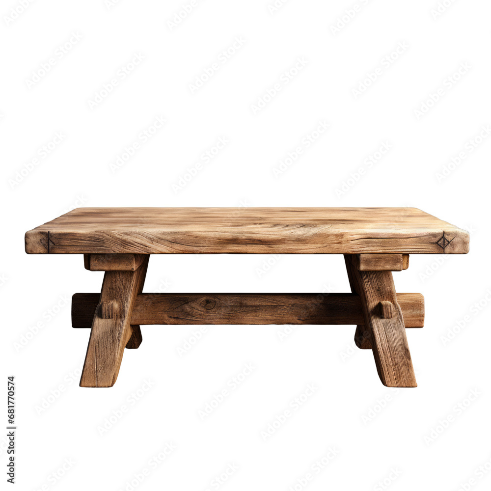 A rustic, heavy-set sturdy wooden coffee table with thick legs and a sturdy build, isolated on transparent background. A rustic, heavy-set sturdy wooden coffee table with thick legs and a sturdy build, isolated on transparent background.