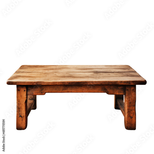 A traditional rustic coffee table with a weathered finish and visible wood grain, on a transparent backdrop.