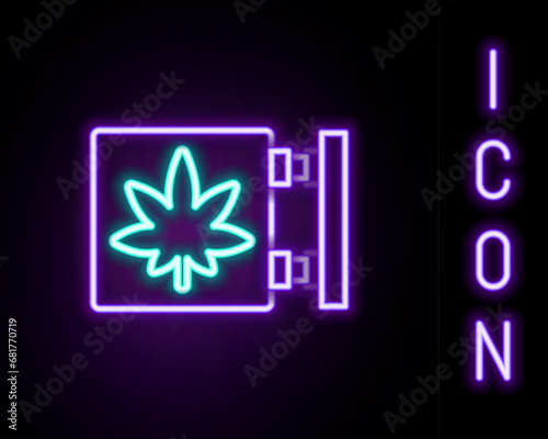 Glowing neon line Marijuana and cannabis store icon isolated on black background. Equipment and accessories for smoking, storing medical cannabis. Colorful outline concept. Vector