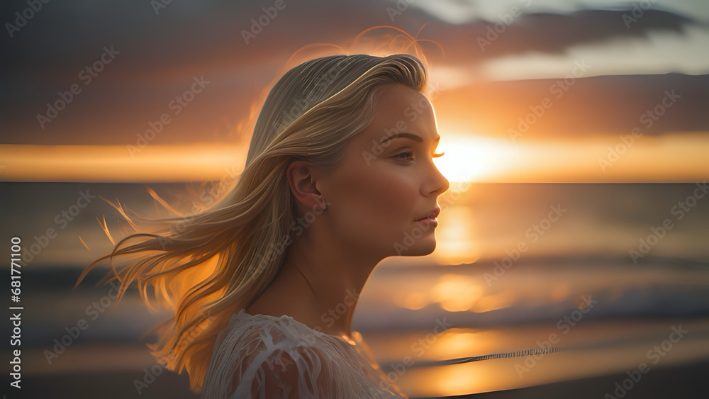 woman on the beach at sunset