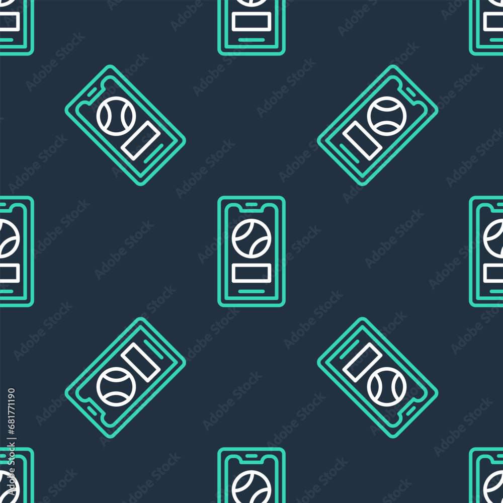 Line Smartphone with baseball ball on the screen icon isolated seamless pattern on black background. Online baseball game for mobile phone. Vector Line Smartphone with baseball ball on the screen icon isolated seamless pattern on black background. Online baseball game for mobile phone. Vector