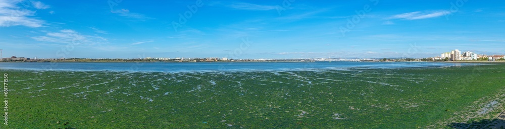 panoramic image of the Tagus river without water and with green algae in the Polis area of ​​the Portuguese city of Barreiro.