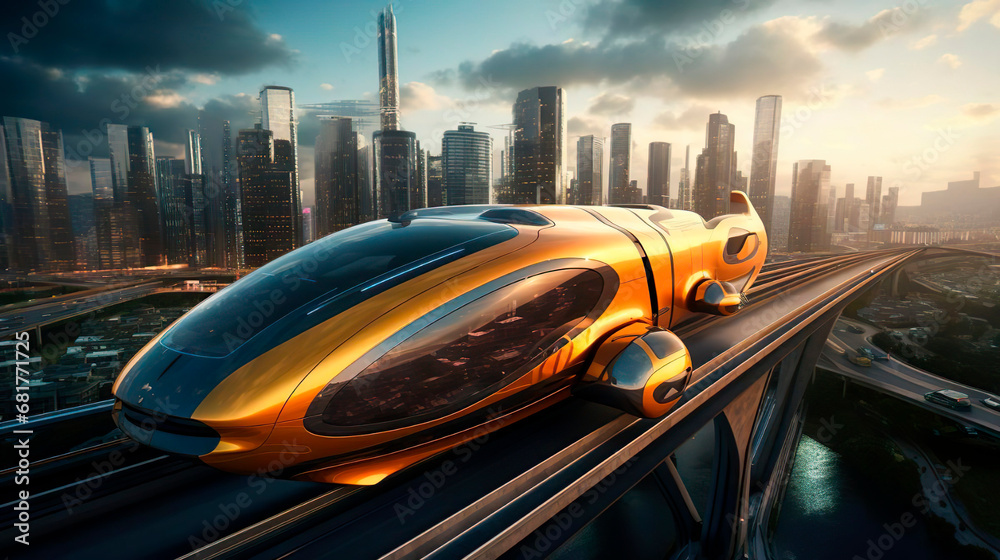 Passenger flying train bus drone air taxi. Electric eco self-driving ...