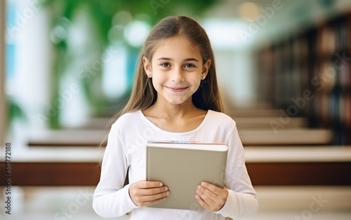 A happy girl 10 years old holding a book in her hands