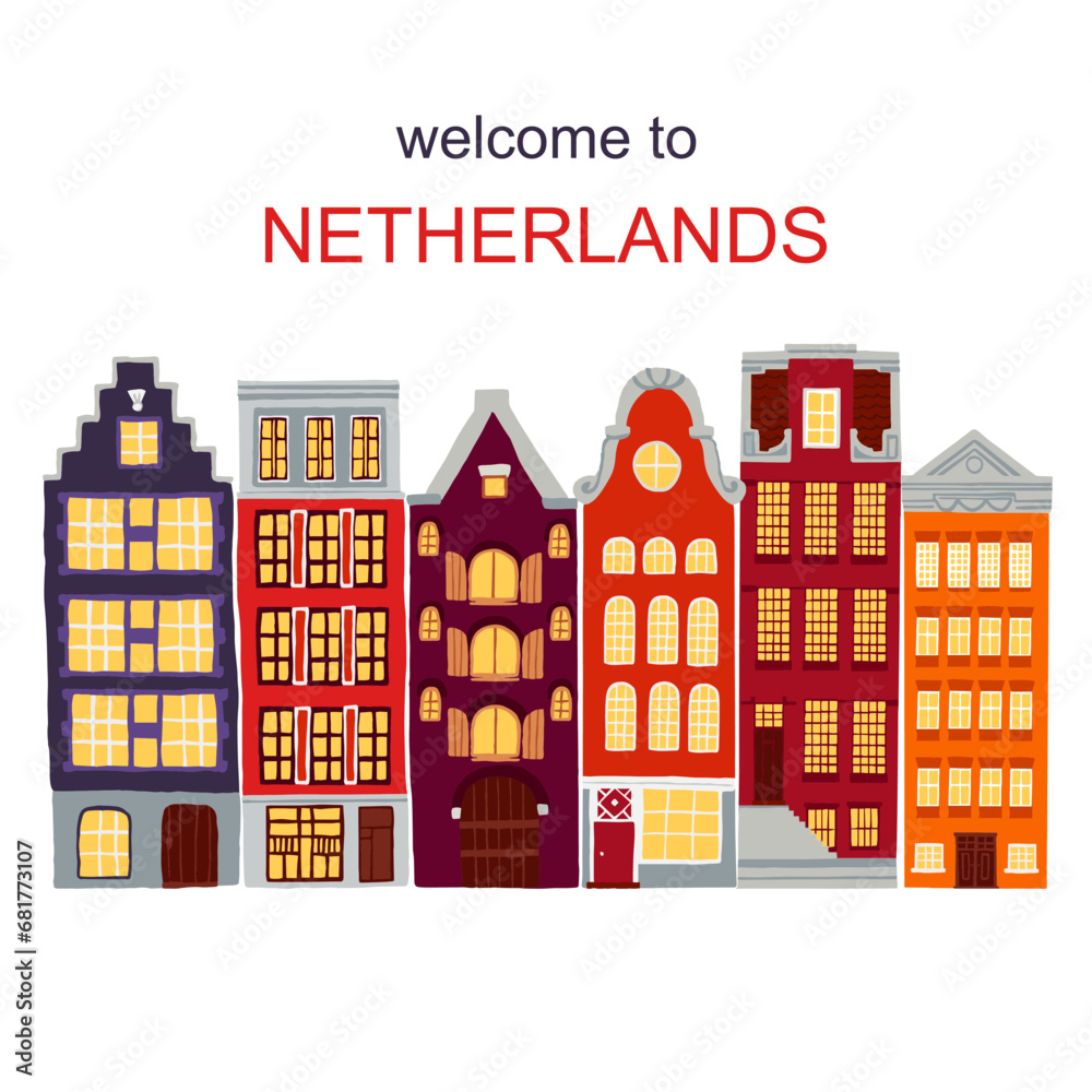 Welcome to Netherlands. Collection of European building facades. Traditional architecture of Belgium and Netherlands. Cute retro houses exterior. 
