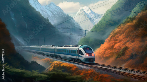 Long distance fast modern express passenger train on high speed railway. Mountain landscape. Public transport. Planning vacation, tourism, journey, railroad, travel. photo