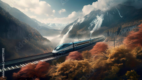 Long distance fast modern express passenger train on high speed railway. Mountain landscape. Public transport. Planning vacation, tourism, journey, railroad, travel.